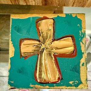 Abstract Gold and Teal Cross Art Piece